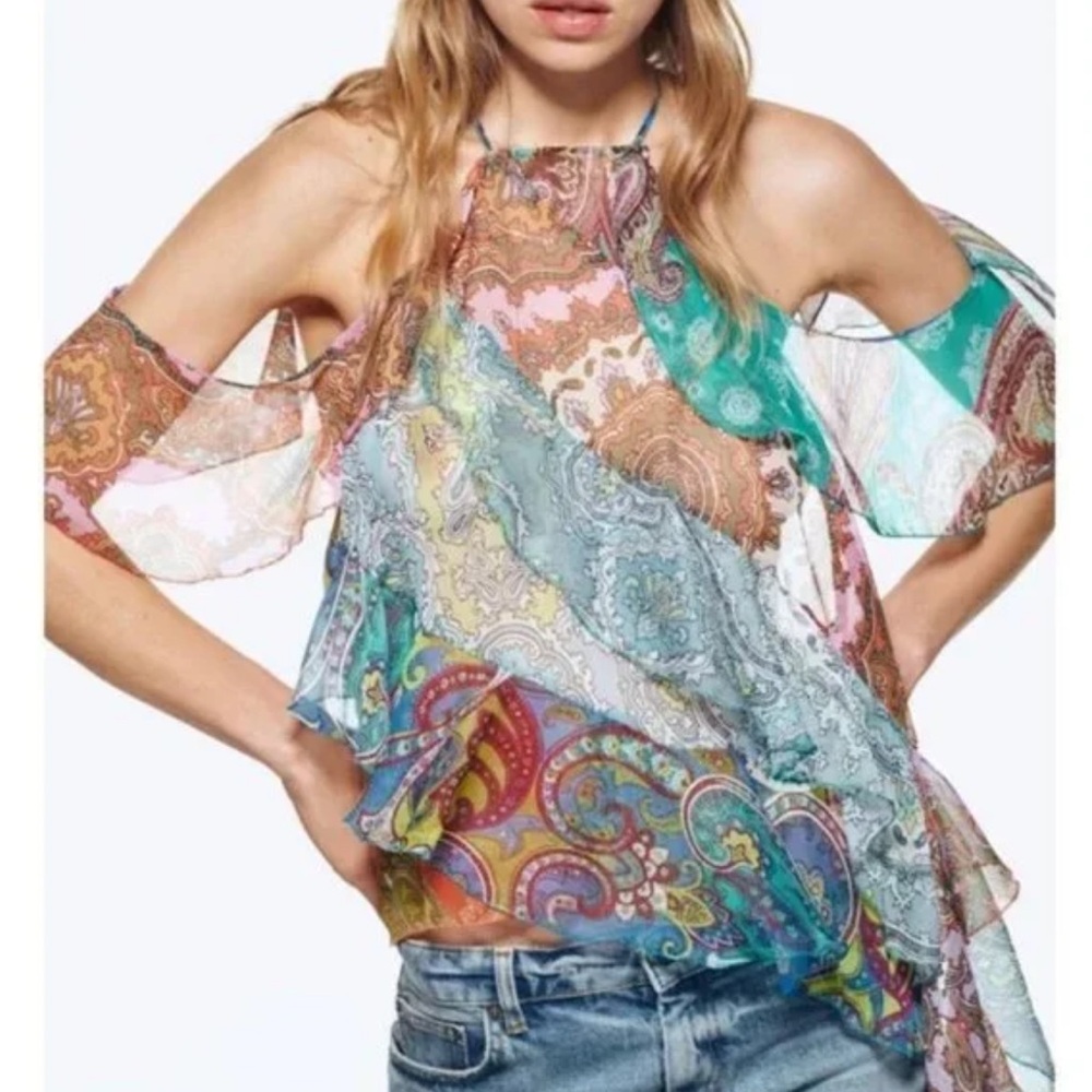 Zara Ruffled Paisley Patchwork Blouse